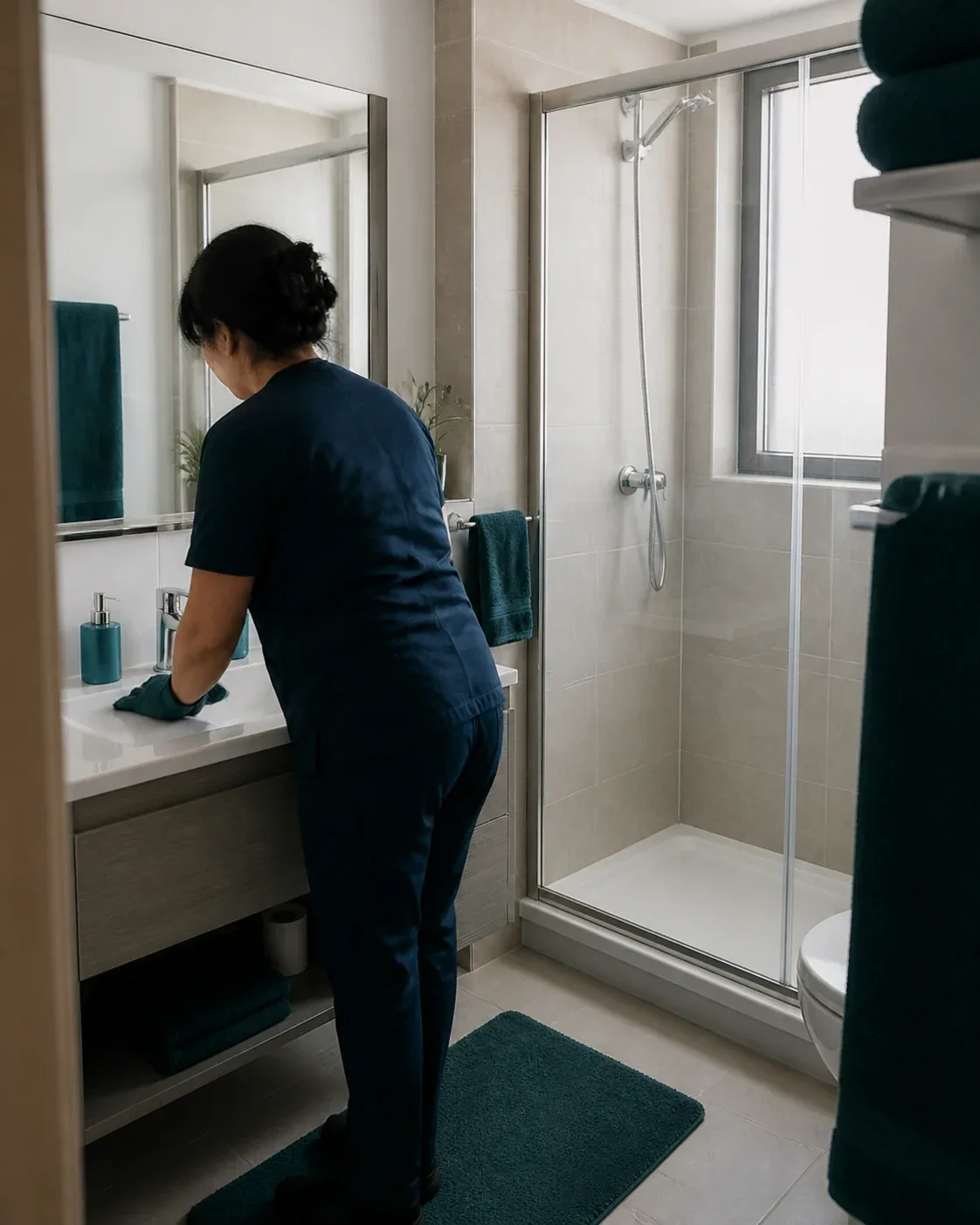 Trabajadora realizando la limpieza de un baño de departamento