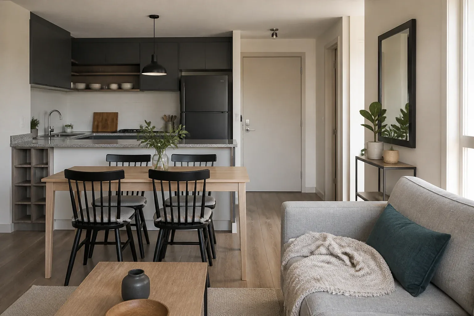 Cocina y estar de un departamento limpios, ordenados y listos para recibir