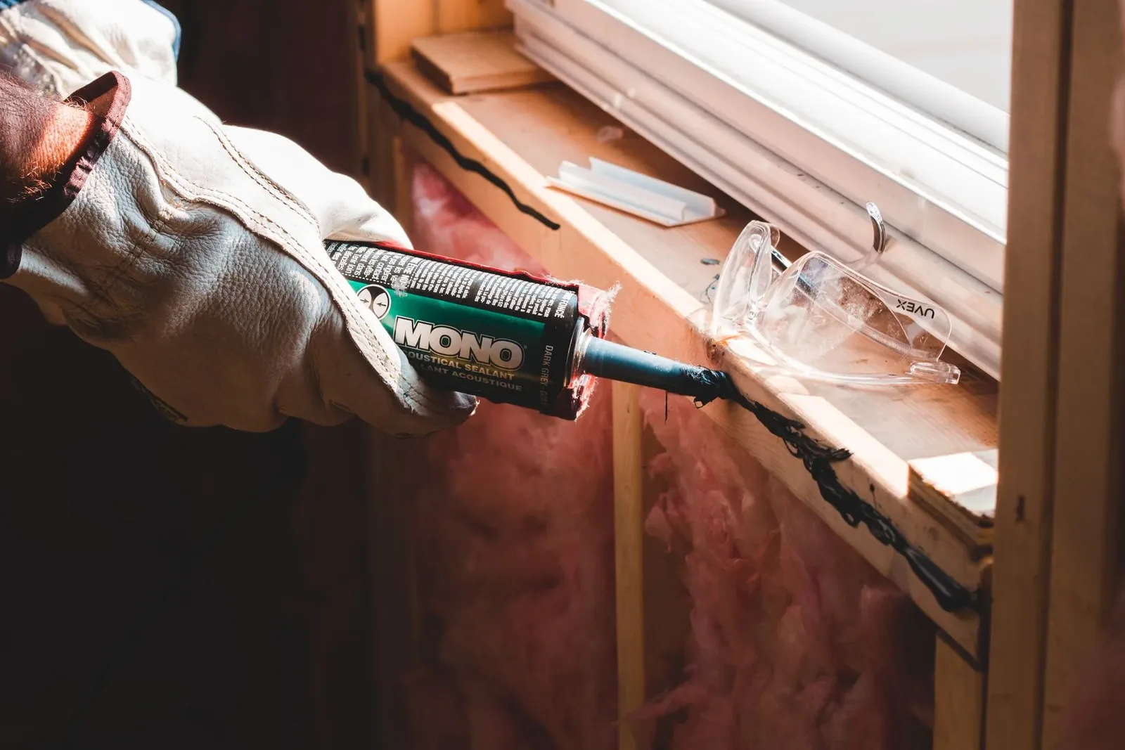 Gloved hands applying sealant where a window meets its frame