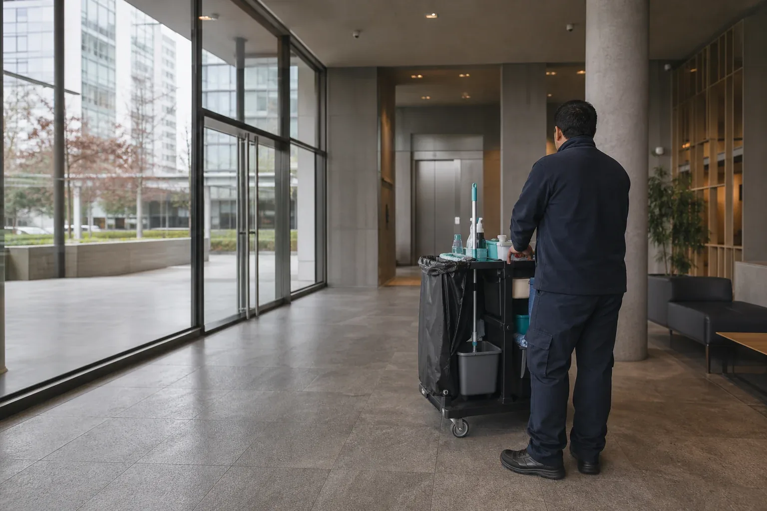Personal de servicio ingresando con un carro de limpieza al lobby de un edificio