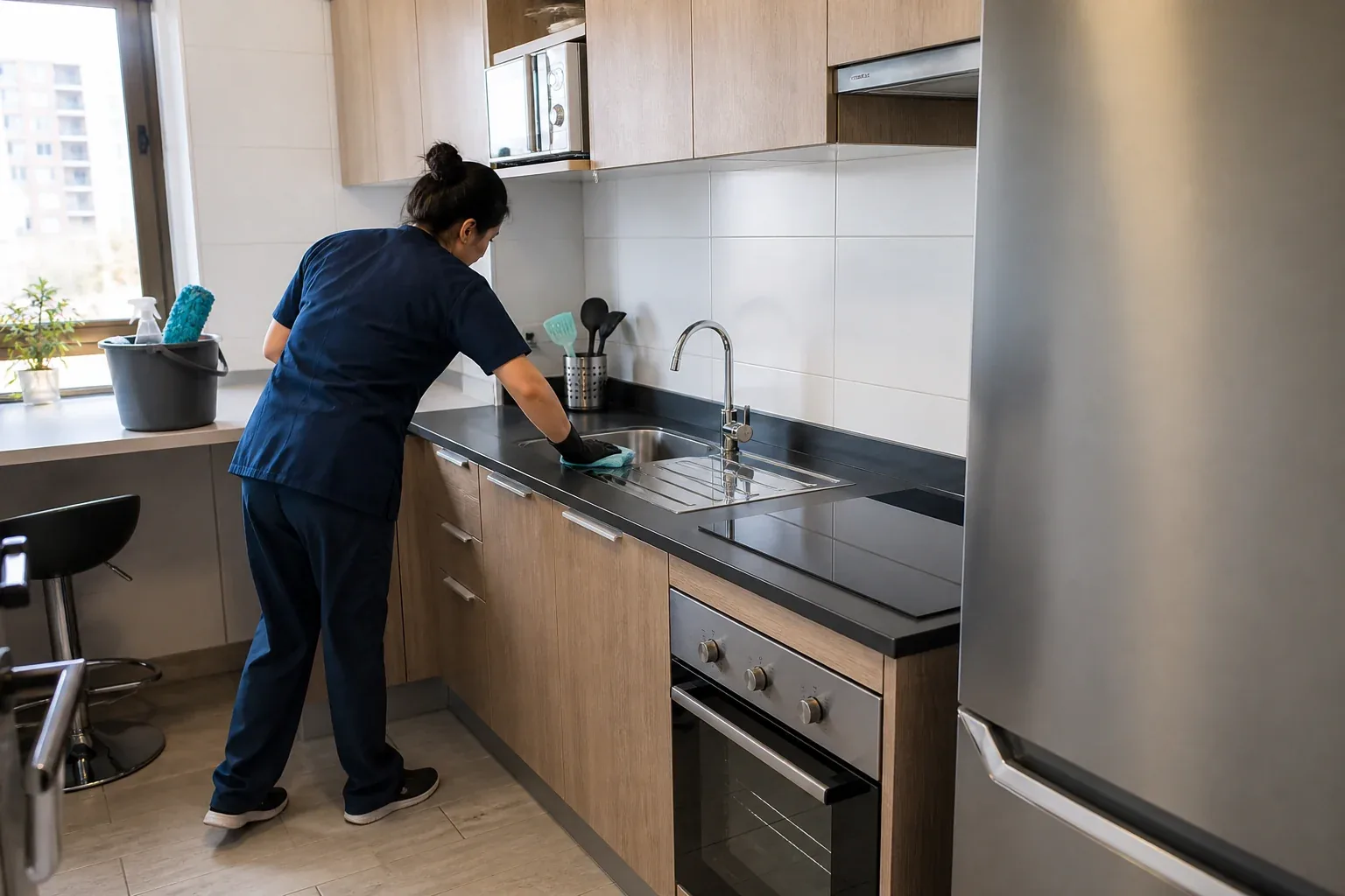 Trabajadora limpiando una cocina luminosa y ordenada