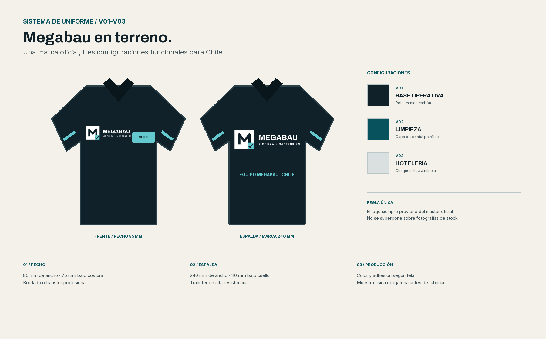 Sistema frontal y posterior del uniforme Megabau con especificaciones de aplicación de marca